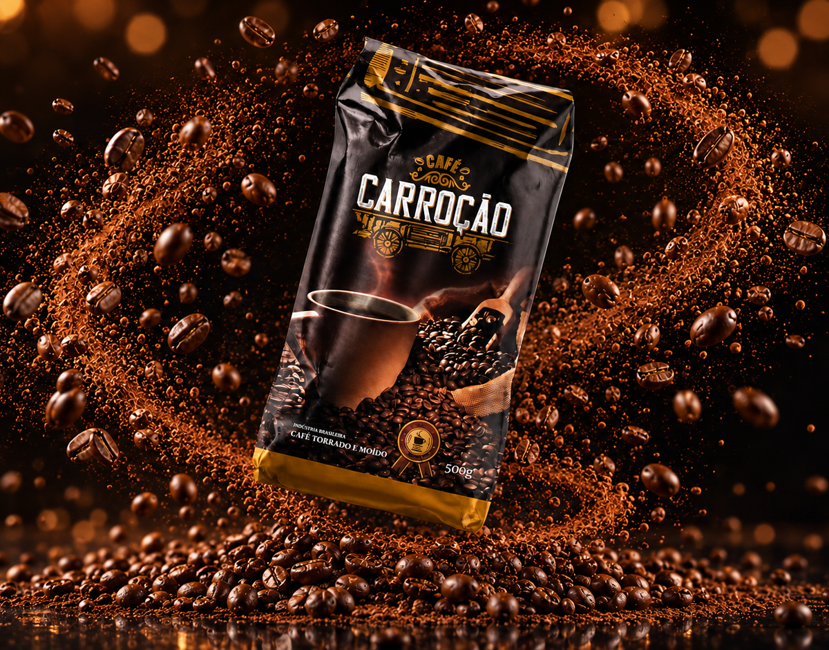 Cafe Carrocao entre graos em movimento