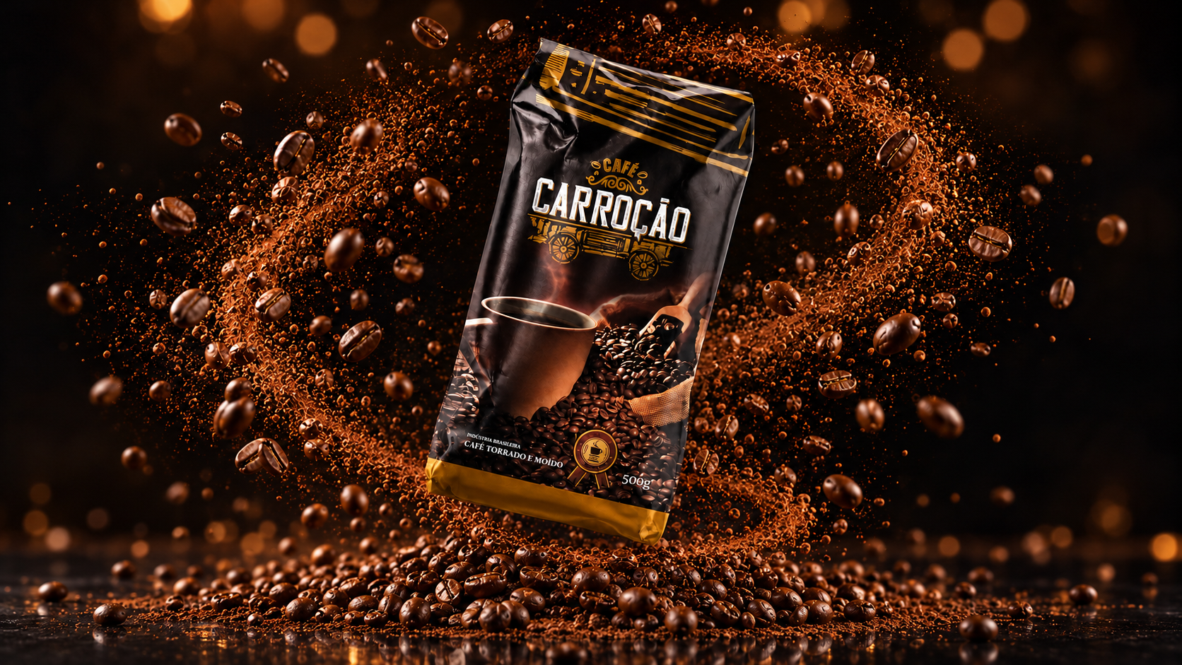 Pacote do Café Carroção cercado por grãos e pó de café em movimento, em fundo escuro