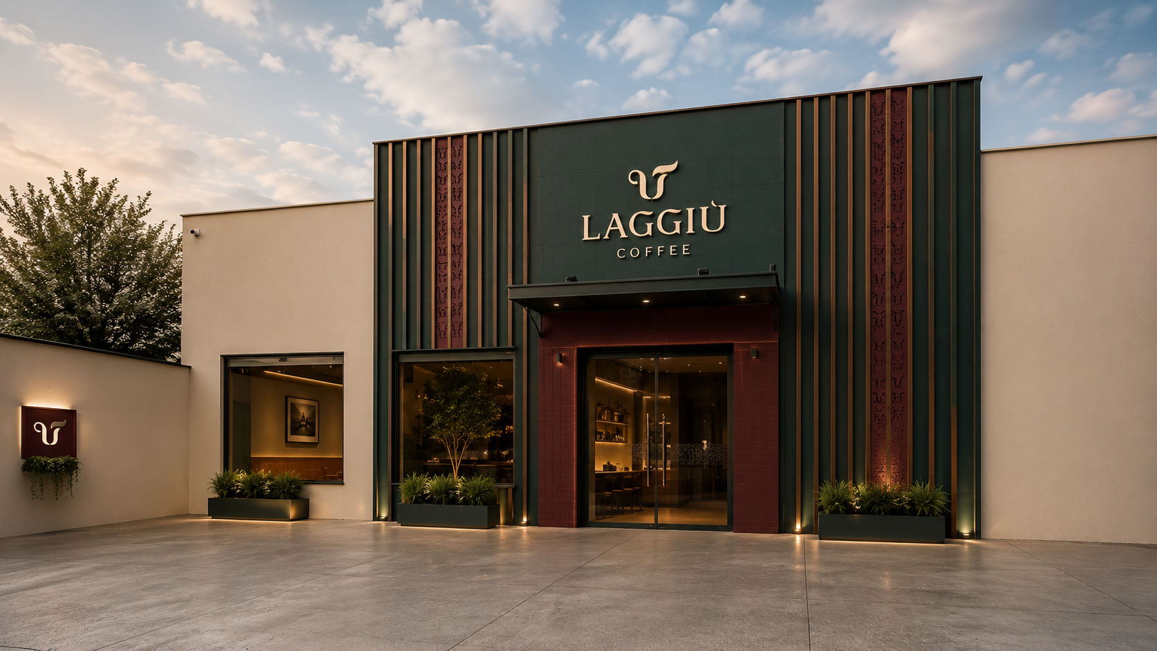 Fachada de loja com letreiro dourado 'Laggiù Coffee' sobre painel verde-escuro, render de identidade visual da cafeteria