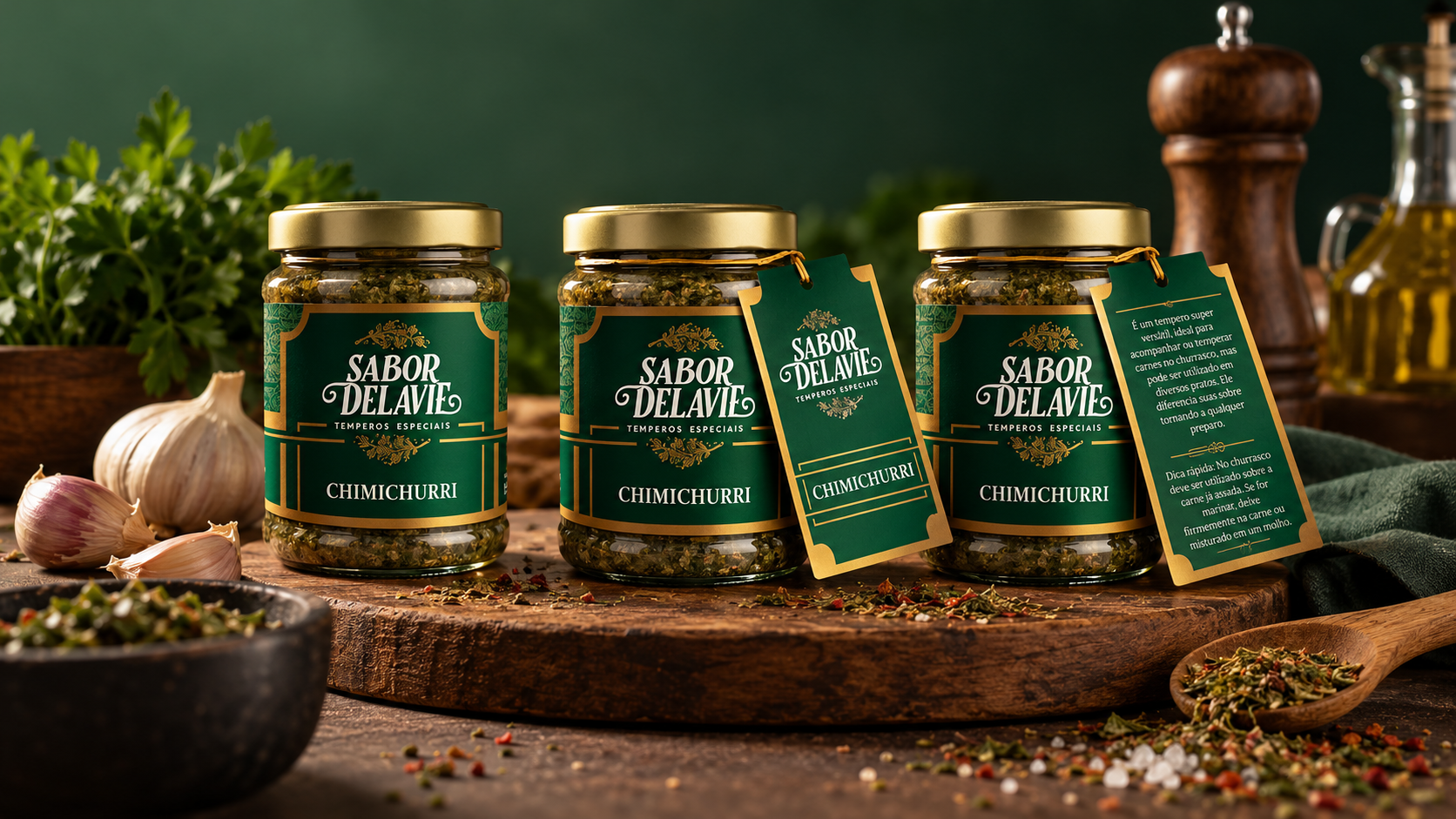 Chimichurri gourmet em cenario rustico
