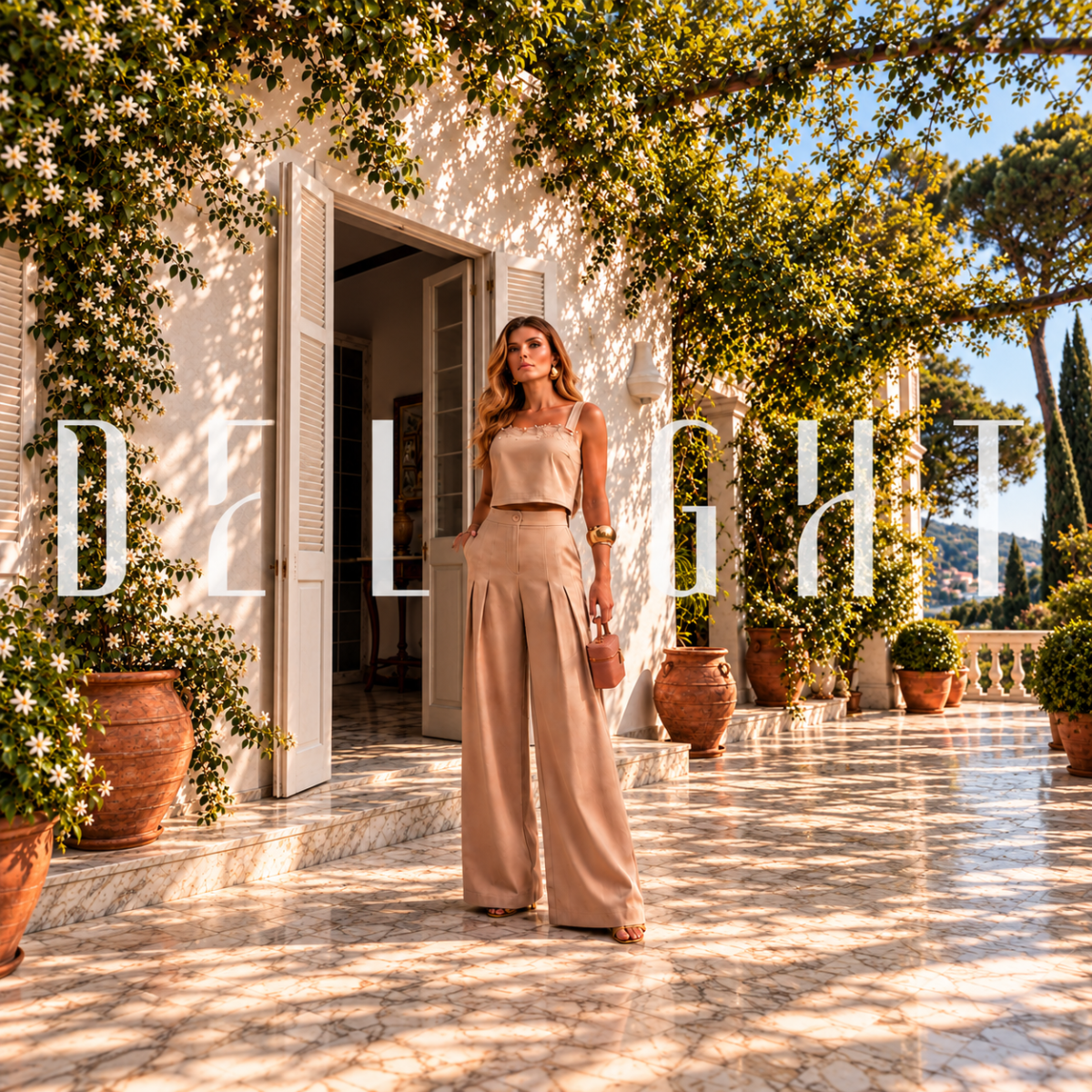Modelo com conjunto bege em pátio mediterrâneo com vasos de terracota e o logotipo da marca de moda Delight sobreposto