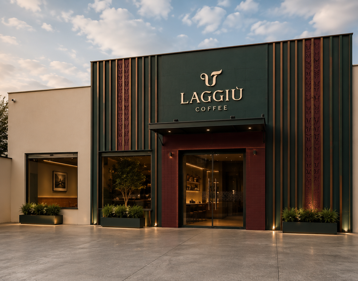 Fachada de loja com letreiro dourado 'Laggiù Coffee' sobre painel verde-escuro, render de identidade visual da cafeteria
